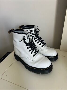 Dr. Martens White Leather Combat Boots with Black Laces